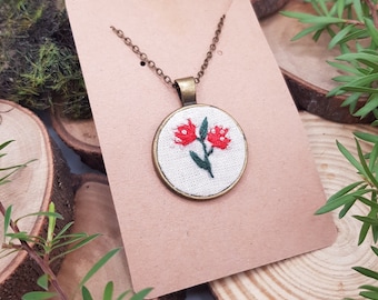 Hand Embroidered Necklace -New Zealand Pohutukawa / Hand Made Jewelry / Embroidery