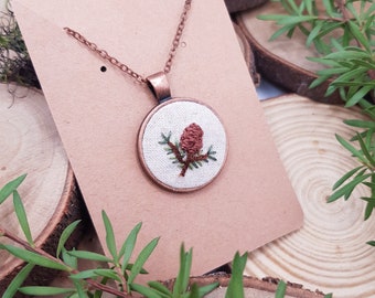 Hand Embroidered Necklace - Pinecone / Hand Made Jewelry / Embroidery