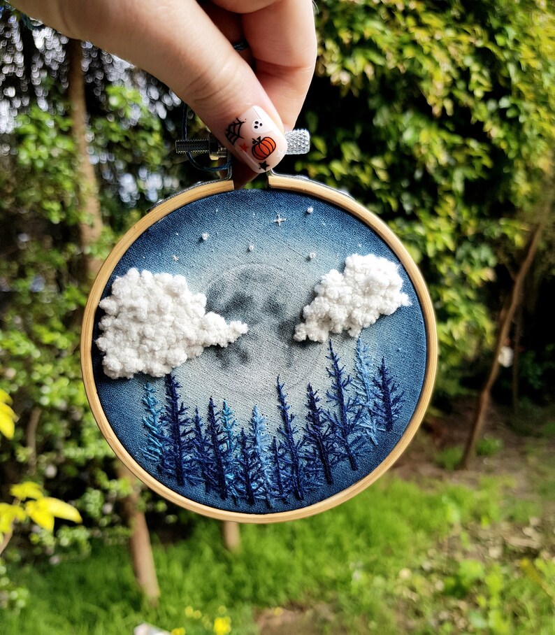 Watercolour Embroidery Moonscape and Trees / Hand Painted and Embroidered image 1