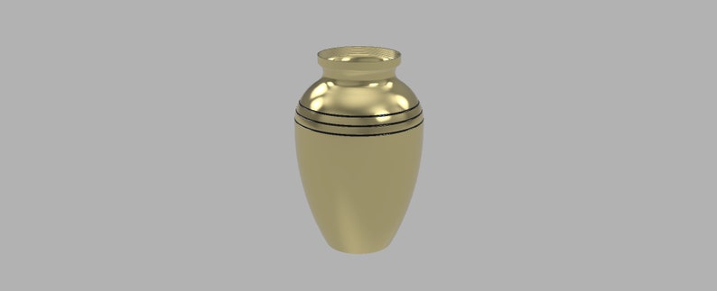 May include: A gold vase with three black bands around the middle.
