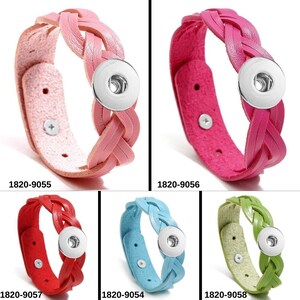 May include: Five braided leather bracelets with snap button closures. The bracelets are available in pink, red, blue, green, and light green.