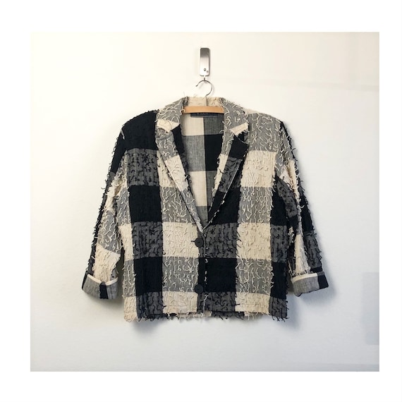 vintage black and white shag jacket | boxy check p