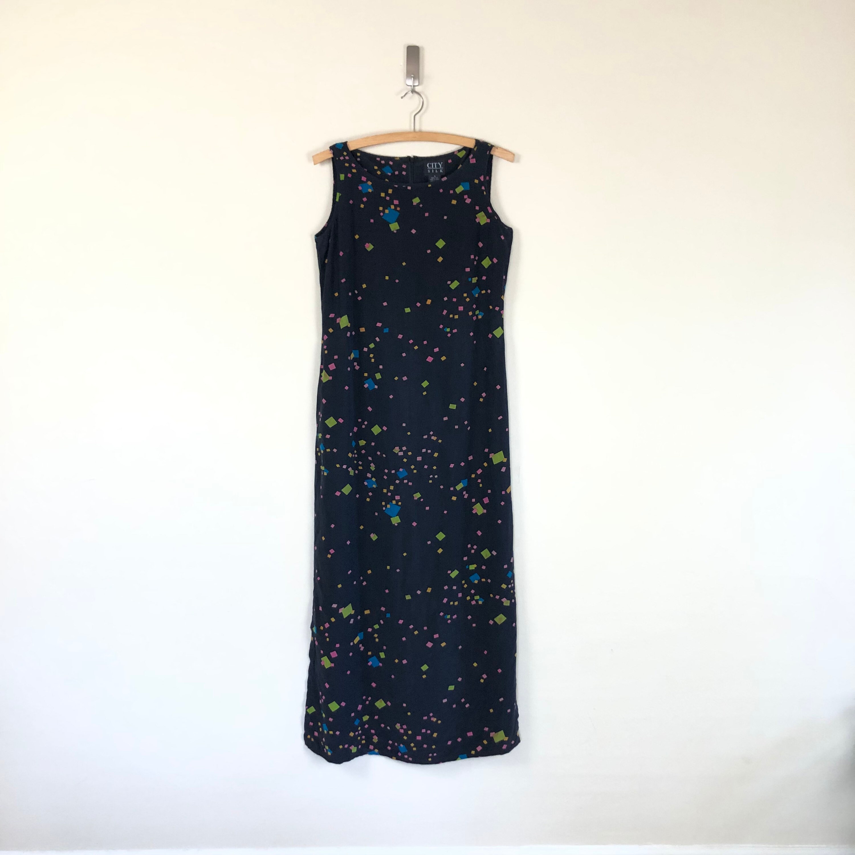 Vintage 90s Silk Abstract Geometric Square Print Maxi Dress 