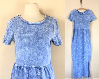 vintage 90s acid washed faux denim jean dress | tie dye indigo cotton knit maxi t shirt dress | grunge boho y2k