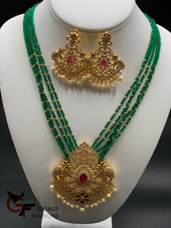 Green Beads Necklace/ Crystal Beads 
