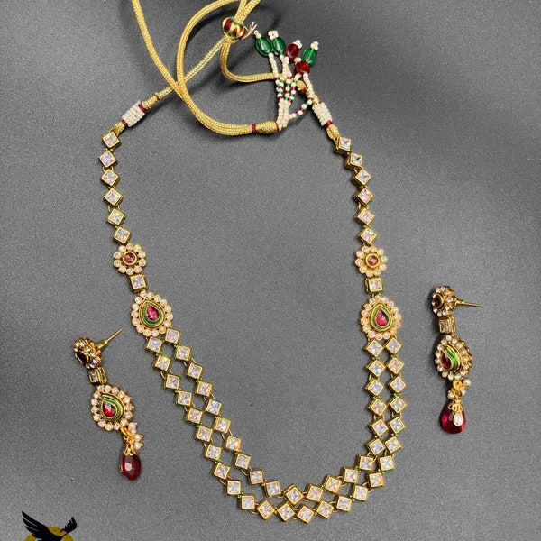 Polki Stones Necklace Set/ Diamond Design Necklace Set/ Party Wear Necklace Set/ Rajwadi Kundan Stones Necklace Set/ Wedding Jewelry