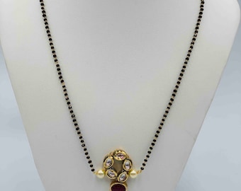 Real Kundan Stones Pendant/ Black Beads Necklace/ Black Diamond Beads Chain/ Wedding Chain/ Party Wear Chain