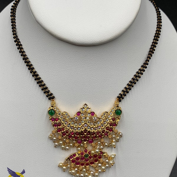 Multicolor Stones Pendant/ Black Diamond Beads Necklace/ Party Wear Necklace/ Mangalsutram/ Black Beads Chain/ Wedding Necklace