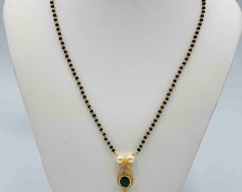 Emerald Stones & CZ Stones Pendant/ Black Beads Chain/ Mangalsutram/ Black Diamond Beads Chain/ Wedding Chain