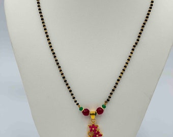 Ruby Stones Flower Design Pendant/ Mangalsutram/ Black Beads Chain/ Party Wear Chain/ Black Diamond Beads Chain