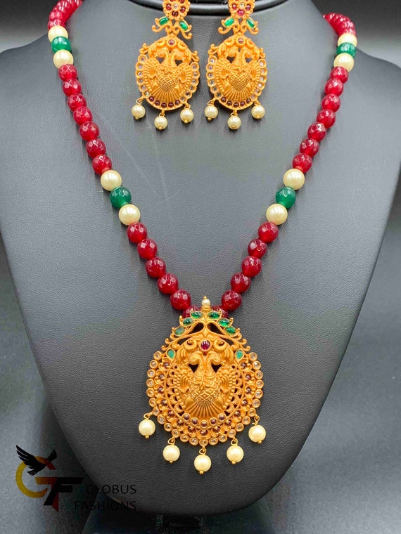 Ruby Beads Chain Antique Pendant Set Natural Ruby Beads Matte