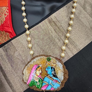 Sea Crystal Pendant/ Swarovski Pearls Necklace/ Party Wear Necklace/ Wedding Necklace/ Pendant Set/ Hand Paint/ Radha & Krishna Paint/ Gift