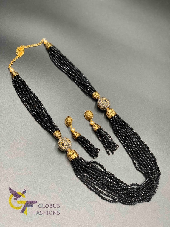Black Crystal Beads Party Wear Necklace Black Beads Set Matte Finish Gold Beads Black Crystal Earrings Etsy Canada