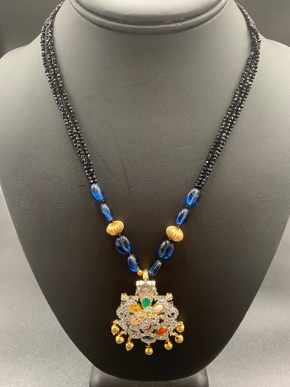 Black Beads Chain Navarathna Stones Party Wear Necklace Wedding