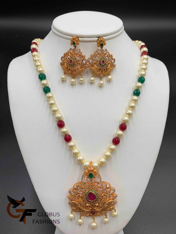 Antique Pendant Set Pearls Chain Wedding Necklace Party Wear