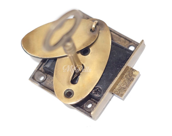 Solid Brass Key Lock Set with Brass Retro Oval with cap Key Hole Cover Plate Drawer Dresser Cabinet Door lock