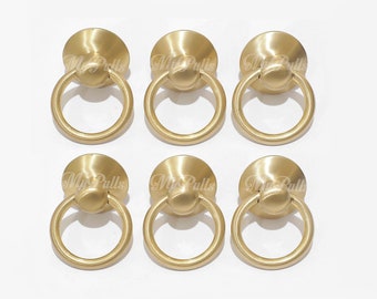 Brushed Brass Round Ring Pulls Cabinet Drawer Dresser Solid Brass Knob Handle Pulls