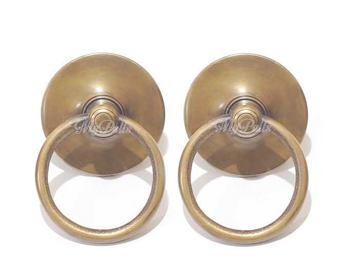 2.95" 2 pcs Solid Brass Big Round Retro Classic Ring Pull Handle | Brass Door Cabinet Drawer Dresser Knob Pulls Handle