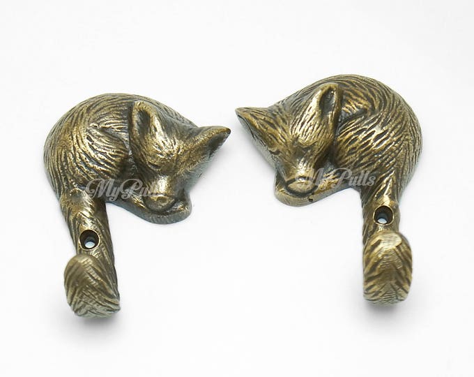 3.03" in Pair Brass Sleeping Fox Hooks Woodland Strong Wall hook Mount Coat Hat Hook