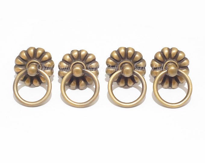 1.37" Set of 4 pcs Solid Brass Retro Flower Ring Pull knobs | Brass Cabinet Drawer Dresser Knob Pulls Handle, Cupboard Door Pulls Handle