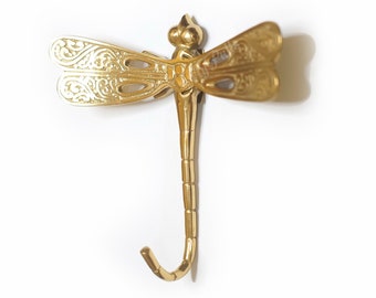 5.43" inches Solid Brass Dragonfly Wall Hook Gold Color Strong Wall Mount Coat Hat Hook