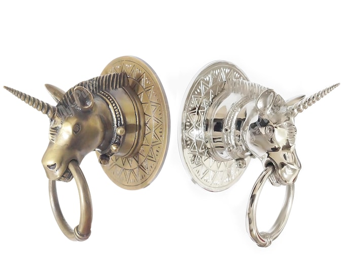 4.72" Brass Unicorn Ring Pull – Horse Door Knocker or Door Handle Pull – Vintage Style in Brass or Chrome Finish