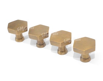 Set 4 pcs Solid Brass Hexagon Pull Knobs | Hexagon Shaped Brass Cabinet Handle, Cupboard Door Knob Dresser Drawer Pull