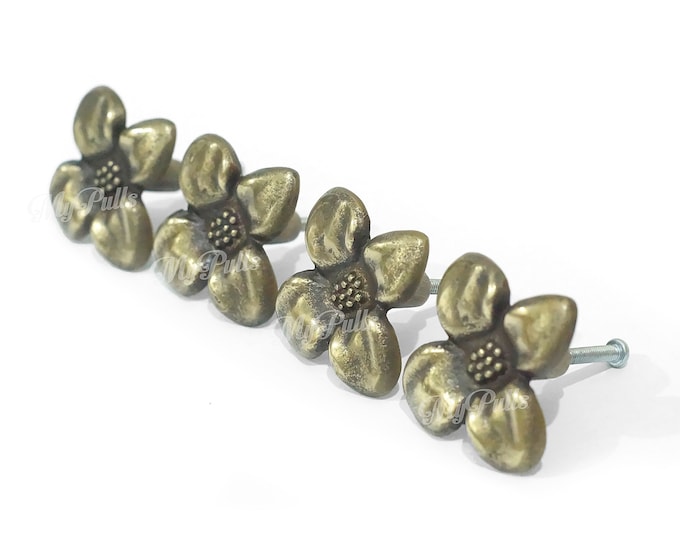 Set 4 Solid Brass Retro Cheery Blossom Knob Flowers Brass Knobs Cabinet Drawer Dresser Kitchen Pulls