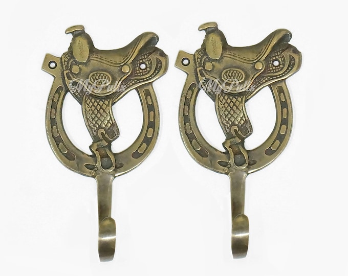 5.82" inches Solid Brass Horseshoe Hook with Horse Paddle Hanger wall hook | Strong Wall Mount Coat Hat Hook - Texas Cowboy series