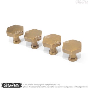 Set 4 pcs Solid Brass Hexagon Pull Knobs | Hexagon Shaped Brass Cabinet Handle, Cupboard Door Knob Dresser Drawer Pull