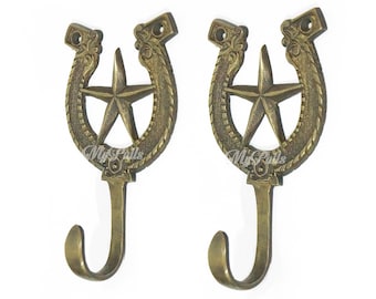 5.43" inches Solid Brass Horseshoe Bay Hook with Cowboy Star Medal wall hook | Strong Wall Mount Coat Hat Hook - Texas Cowboy series