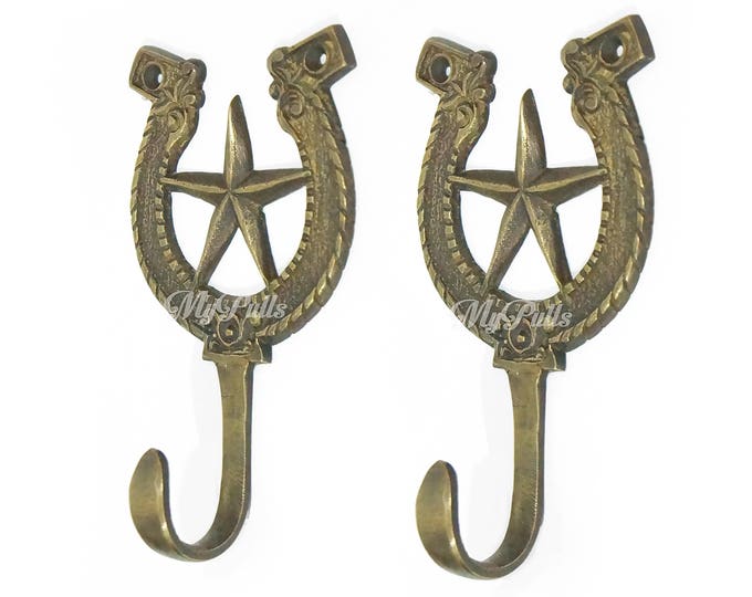 5.43" inches Solid Brass Horseshoe Bay Hook with Cowboy Star Medal wall hook | Strong Wall Mount Coat Hat Hook - Texas Cowboy series