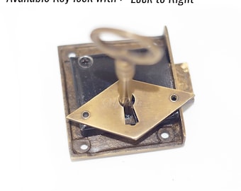 Working Solid Brass Key Lock Set and Skeleton key with Brass Retro Horizontal Rhombus, Diamond Shape Key Hole Cover Plate Drawer Door Lock