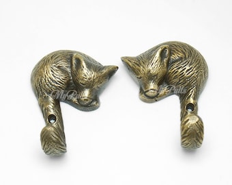 3.03" in Pair Brass Sleeping Fox Hooks Woodland Strong Wall hook Mount Coat Hat Hook