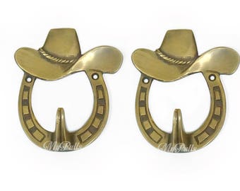 3.75" inches Solid Brass Horseshoe Bay Hook with Cowboy Hat wall hook | Strong Wall Mount Coat Hat Hook - Texas Cowboy series