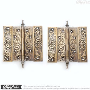 RARE Hinges 6.50&quot; in Pair SOLID BRASS Victorian Large Carving Door Hinges with Carving Hinges Cover Plate Decor