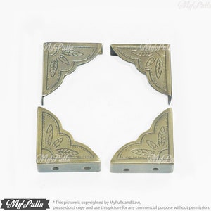 2.36" inches Set 4 pcs Solid Brass Retro Leaves Carved Trunk Corner Table / Box / Protector Guard Decor