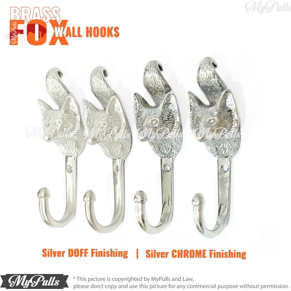 4.52" Pair Solid Brass Fox Wall Hook Woodland Strong Wall hook Mount Coat Hat Hooks CHROME | SILVER DOFF Finishing