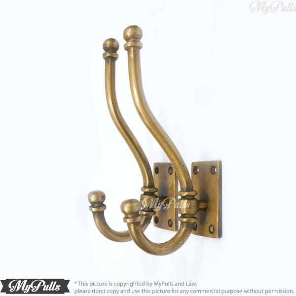 6.50" Set of 2 pcs SOLID BRASS Retro Strong Wall Mount Strong Hook Antique Brass Wall Coat Hat Hook