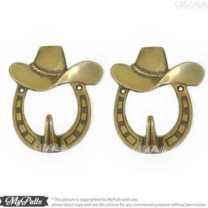 3.75&quot; inches Solid Brass Horseshoe Bay Hook with Cowboy Hat wall hook | Strong Wall Mount Coat Hat Hook - Texas Cowboy series