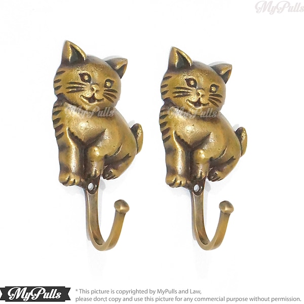 Pair Set of 2 pcs Solid Brass Kitten Cute Cat Wall Hook Animal Pets Mount Coat Hat Hooks