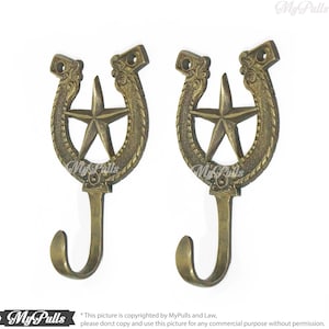 5.43&quot; inches Solid Brass Horseshoe Bay Hook with Cowboy Star Medal wall hook | Strong Wall Mount Coat Hat Hook - Texas Cowboy series