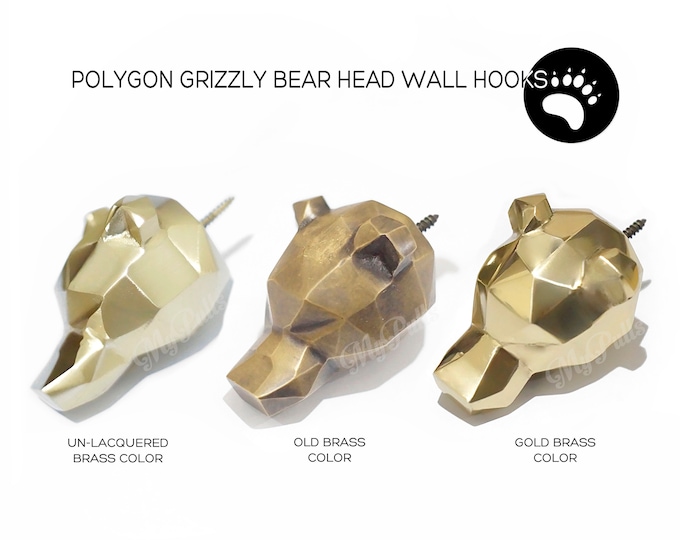 Solid Brass Polygon Grizzly Bear Head Wall Hook, Strong Brass Coat hook, Hat Hooks, Bag Hooks, Towel Hooks Home Decor