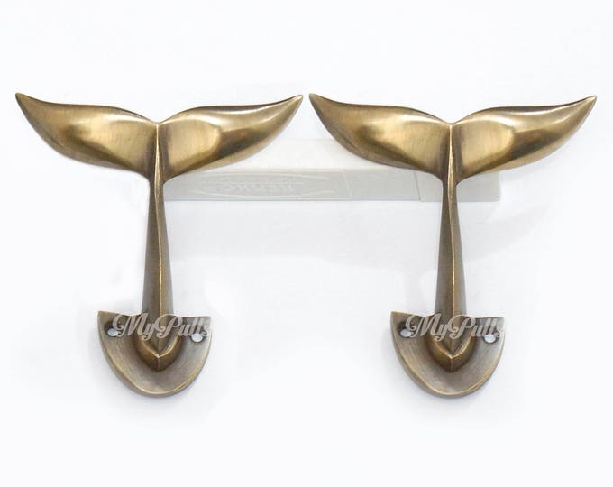 3.75" 2 pcs Solid Brass Whale Tail Hook | Alaska Beluga Whale Tail Wall hook Strong Wall Mount Coat Hat Hook