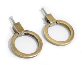 Lot of 2 pcs Solid Brass Round Ring Pull Knobs | Western Retro Cabinet Drawer Dresser KNOB Pulls