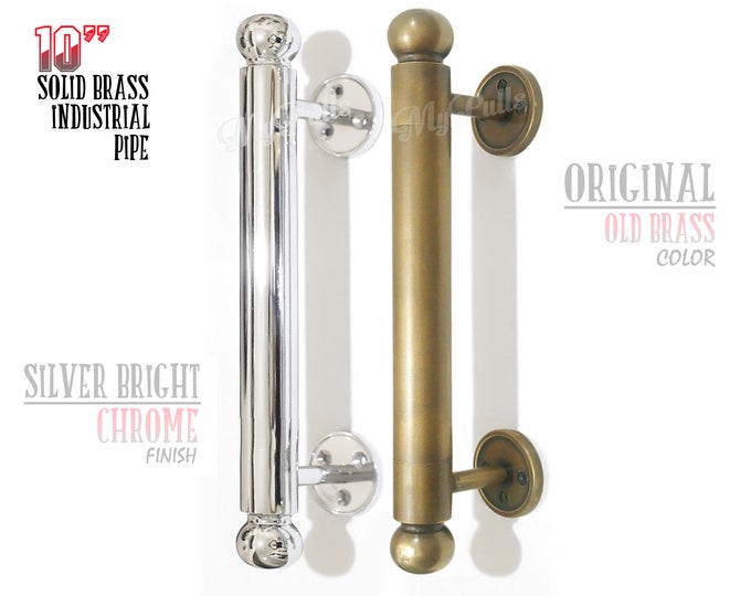 10.23" in Set 2 pcs Solid Brass Industrial Pipe Door Handle Pulls - Silver Chrome | Old Brass color Cabinet Door Handle
