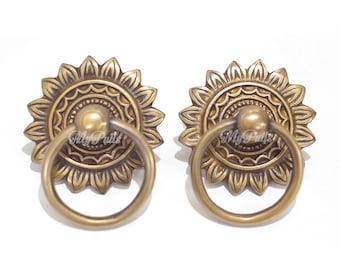 3.00" Solid brass Sun Flower Ring Pull knobs | Retro Solid Round Ring Pulls Handle Brass Cabinet Drawer Handle Knob Pulls Handle