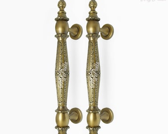 17.91" in Pair Solid Brass Retro Door Handle | Lotus Front Entry Door Handle Hardware Brass Door Handle Pulls