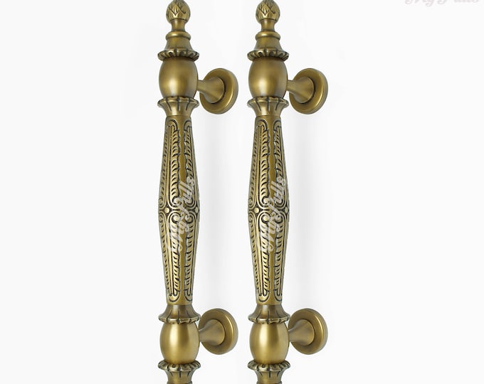 17.91" in Pair Solid Brass Retro Door Handle | Lotus Front Entry Door Handle Hardware Brass Door Handle Pulls