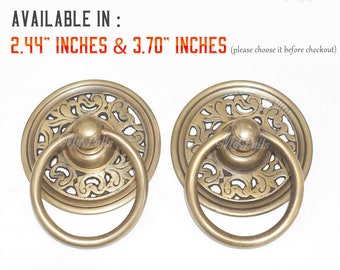 2 pcs Solid Brass Round Carved Ring Pulls Handle | Brass Door Cabinet Drawer Dresser Knob Pulls Handle